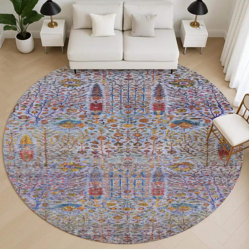 8' Blue And Red Floral Vines Washable Round Rug With UV Protection Photo 5