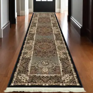 Photo of 10' Blue And Red Medallion Runner Rug With Fringe