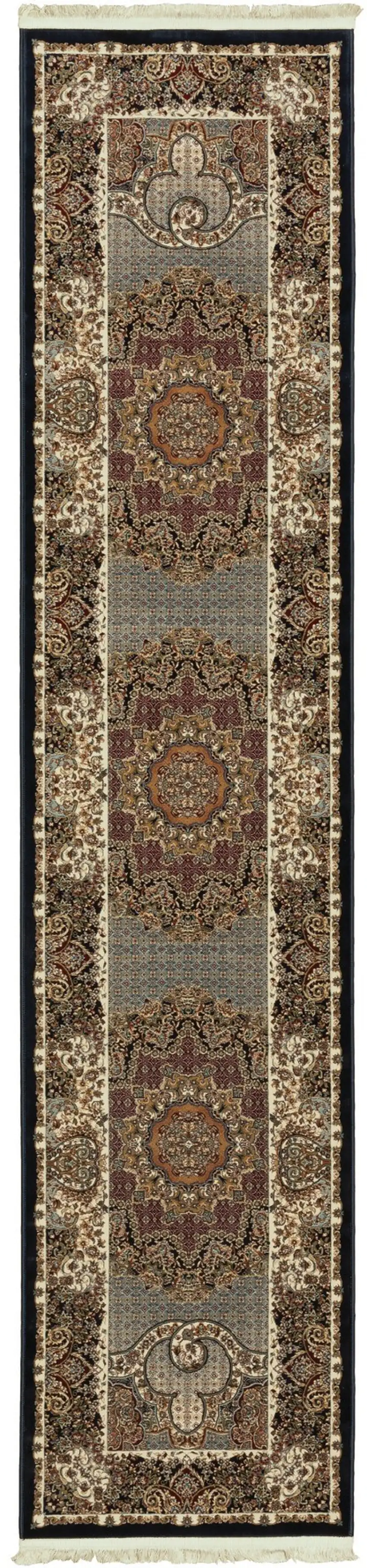 10' Blue And Red Medallion Runner Rug With Fringe Photo 2