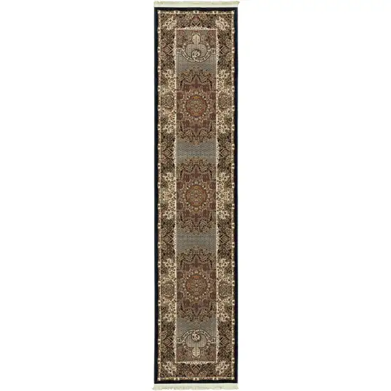 10' Blue And Red Medallion Runner Rug With Fringe Photo 2