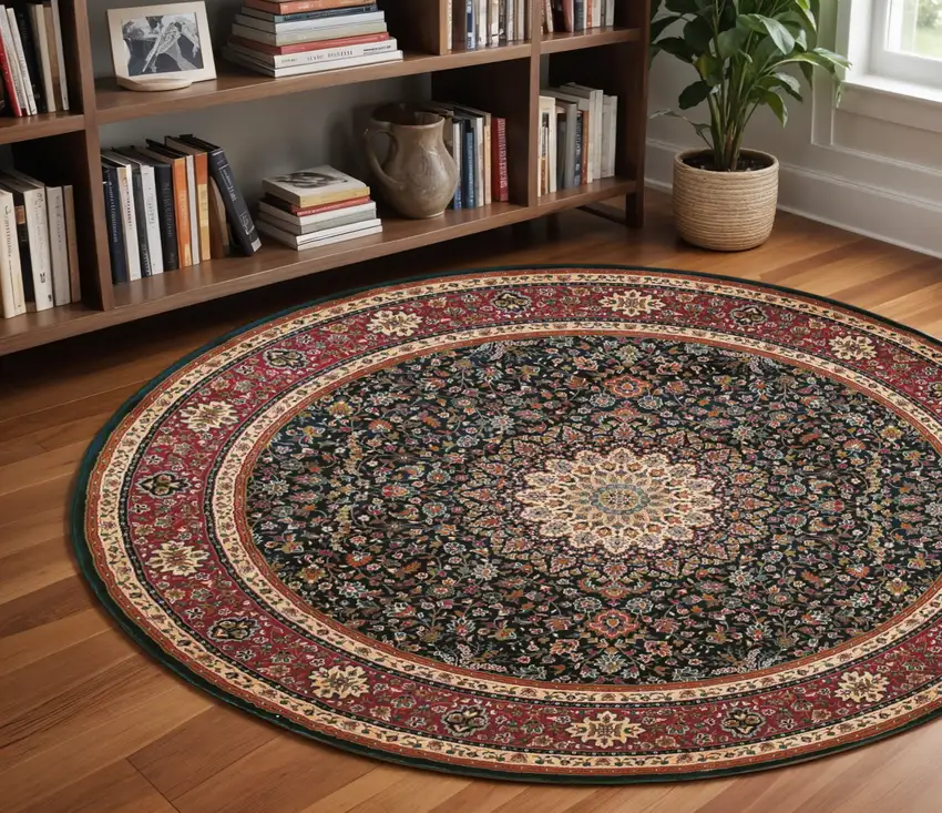 8' Blue And Red Oriental Round Rug Photo 1