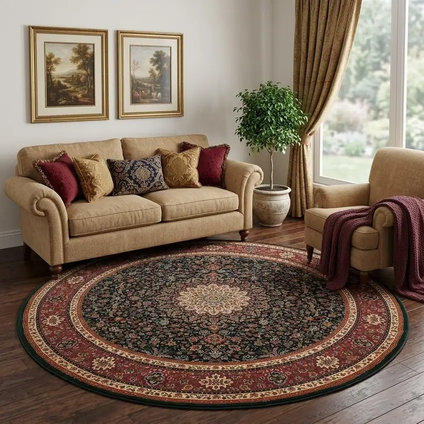 8' Blue And Red Oriental Round Rug Photo 1