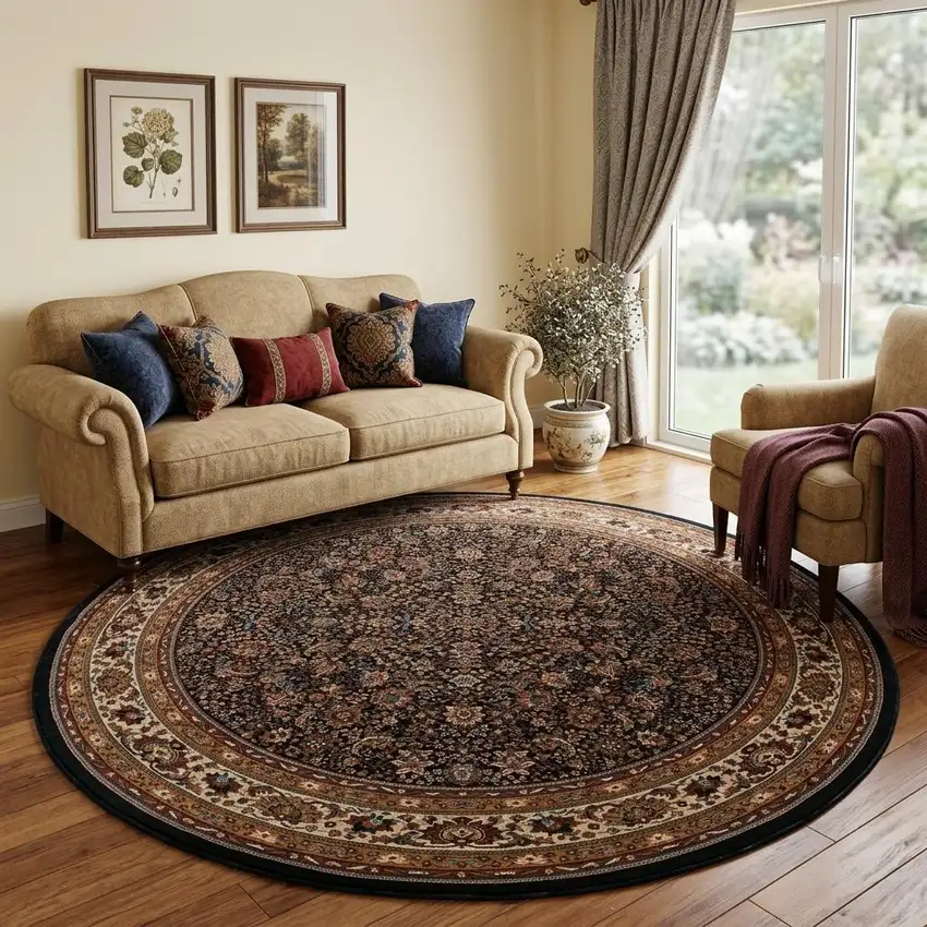 8' Blue And Red Oriental Round Rug Photo 1