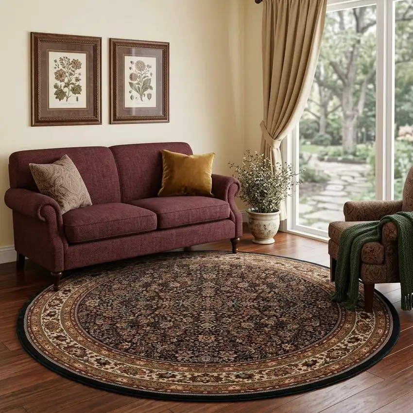 8' Blue And Red Oriental Round Rug Photo 1