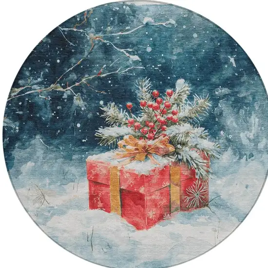 8' Blue And Red Round Botanical Leaves Washable Indoor Outdoor Area Rug Photo 3