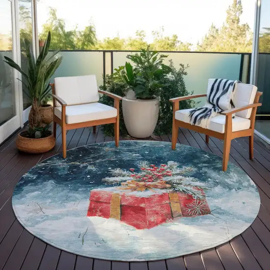 8' Blue And Red Round Botanical Leaves Washable Indoor Outdoor Area Rug Photo 5