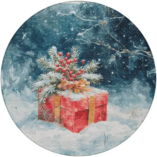 8' Blue And Red Round Botanical Leaves Washable Indoor Outdoor Area Rug Photo 4