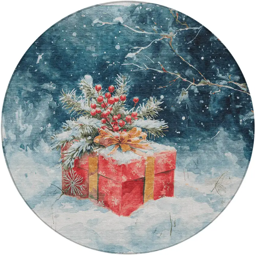 8' Blue And Red Round Botanical Leaves Washable Indoor Outdoor Area Rug Photo 4