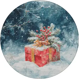 Photo of 8' Blue And Red Round Botanical Leaves Washable Indoor Outdoor Area Rug