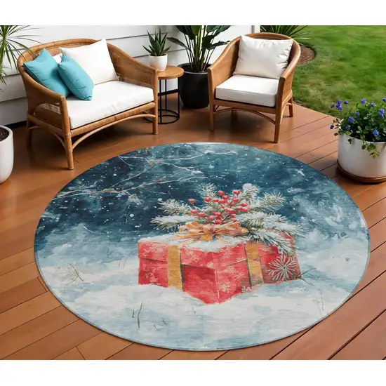 8' Blue And Red Round Botanical Leaves Washable Indoor Outdoor Area Rug Photo 2