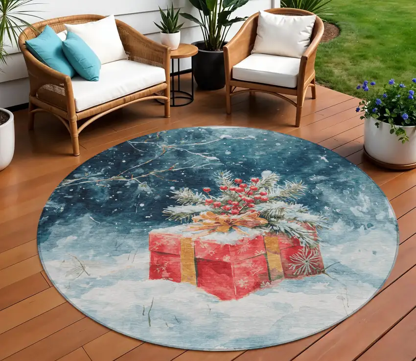 8' Blue And Red Round Botanical Leaves Washable Indoor Outdoor Area Rug Photo 2