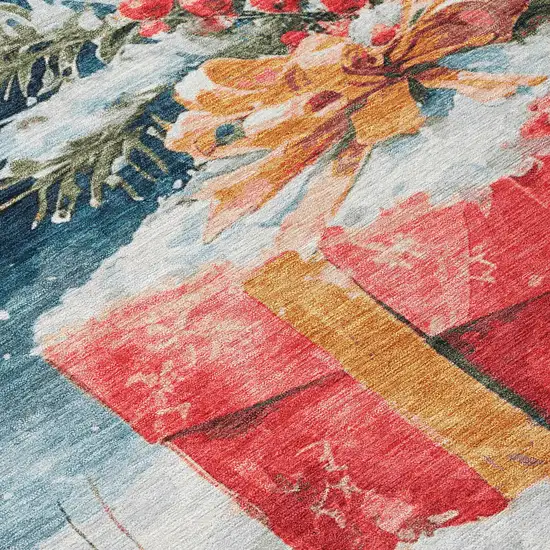 8' Blue And Red Round Botanical Leaves Washable Indoor Outdoor Area Rug Photo 9