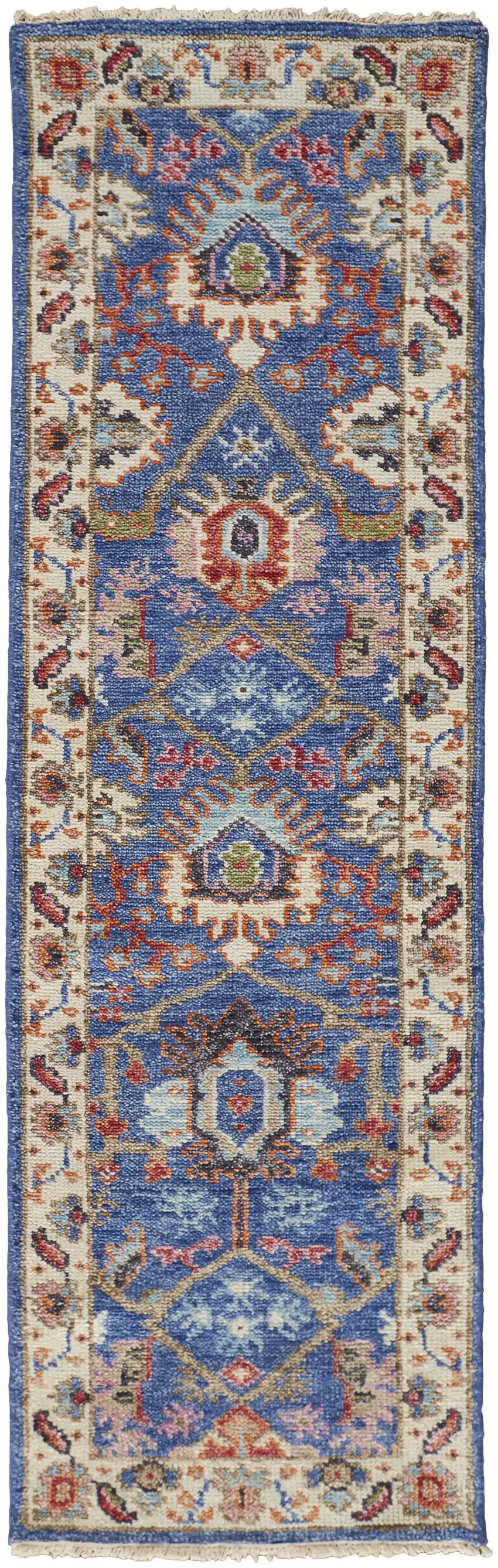 8' Blue And Red Wool Floral Hand Knotted Stain Resistant Runner Rug Photo 1