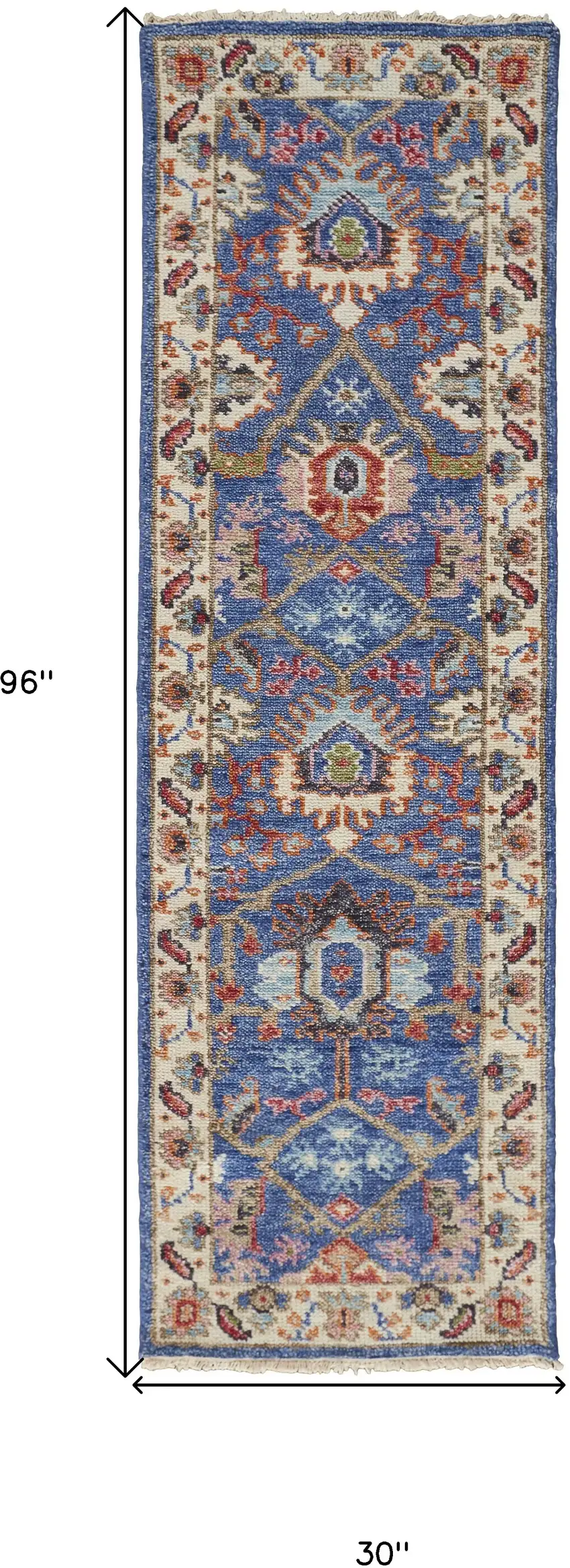 8' Blue And Red Wool Floral Hand Knotted Stain Resistant Runner Rug Photo 6