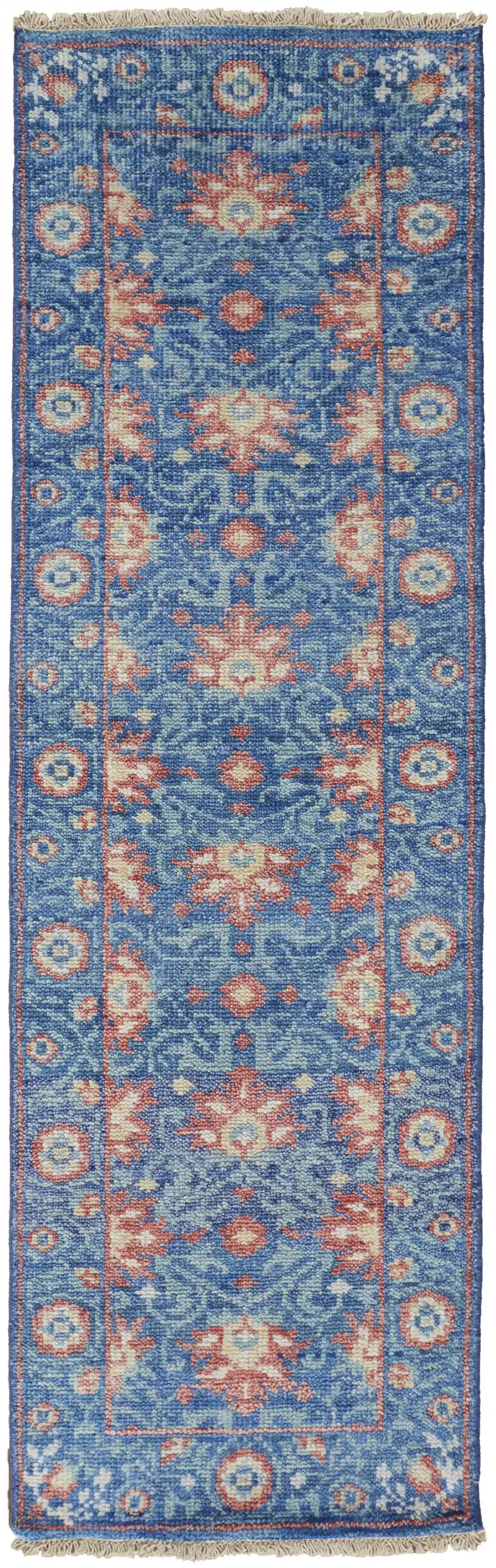 8' Blue And Red Wool Floral Hand Knotted Stain Resistant Runner Rug Photo 1