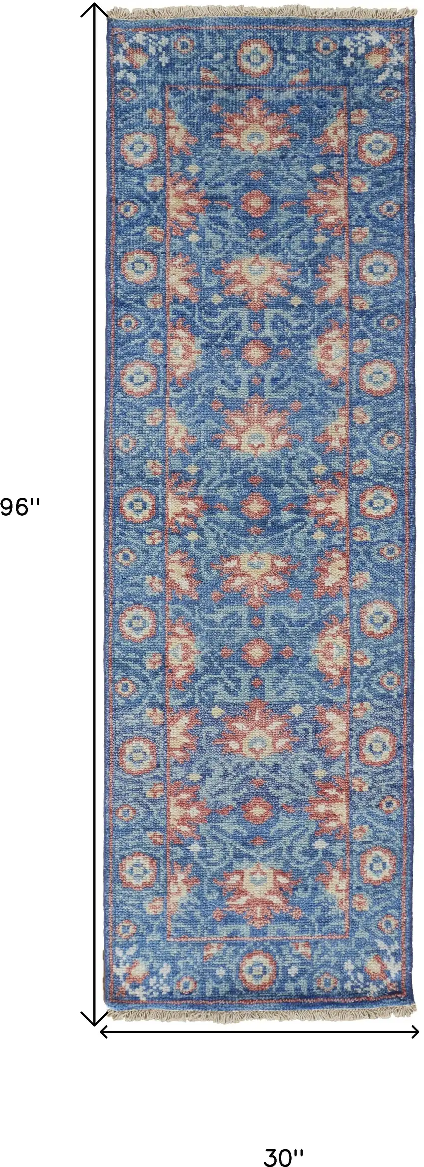 8' Blue And Red Wool Floral Hand Knotted Stain Resistant Runner Rug Photo 6