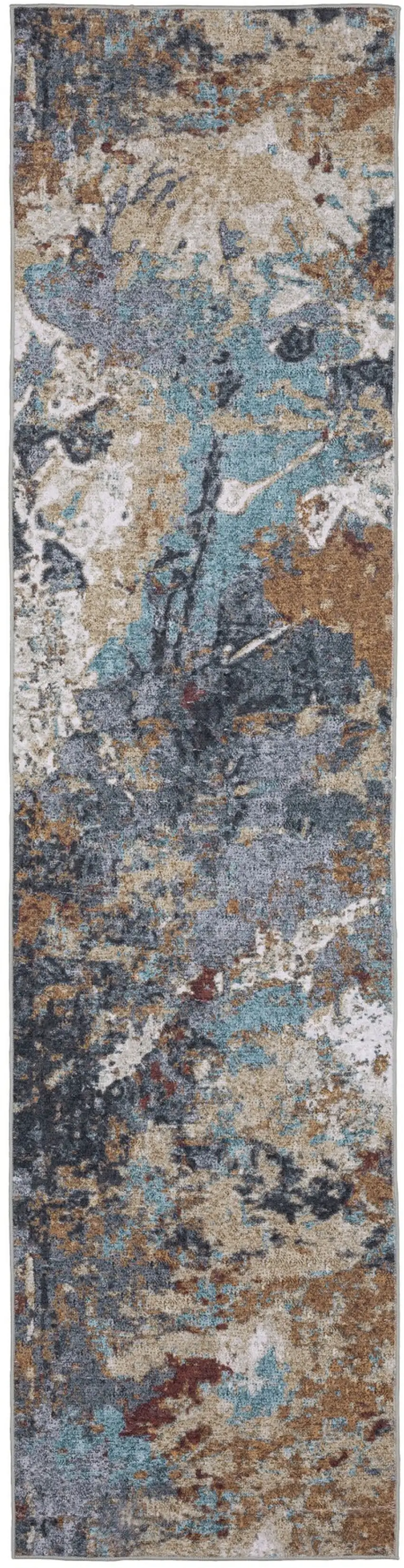 8' Blue And Rust Abstract Distressed Runner Rug Photo 2
