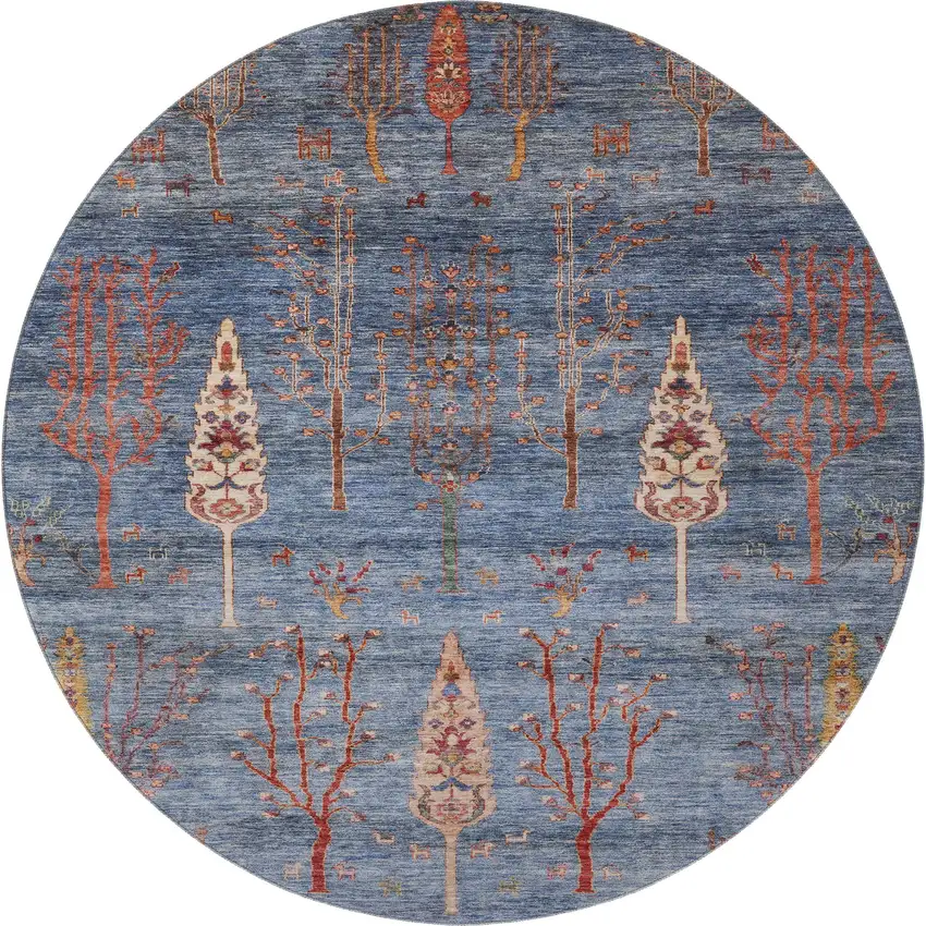 8' Blue And Rust Floral Washable Round Rug With UV Protection Photo 4