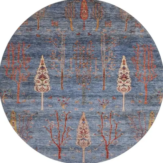 8' Blue And Rust Floral Washable Round Rug With UV Protection Photo 2