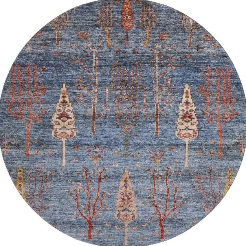 8' Blue And Rust Floral Washable Round Rug With UV Protection Photo 2