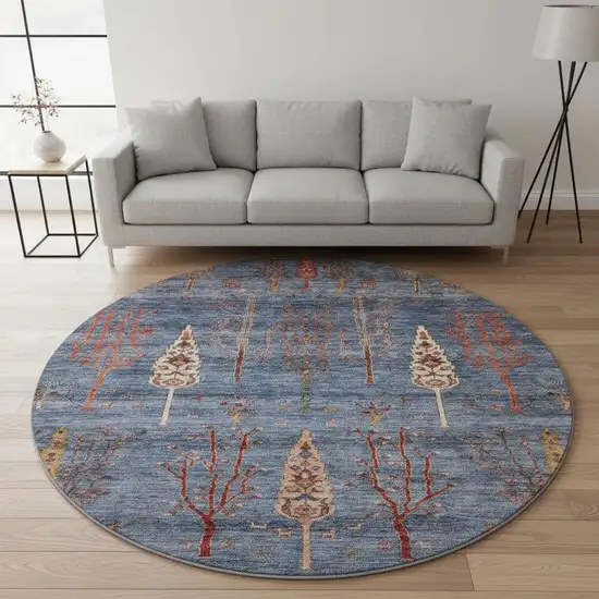 8' Blue And Rust Floral Washable Round Rug With UV Protection Photo 2