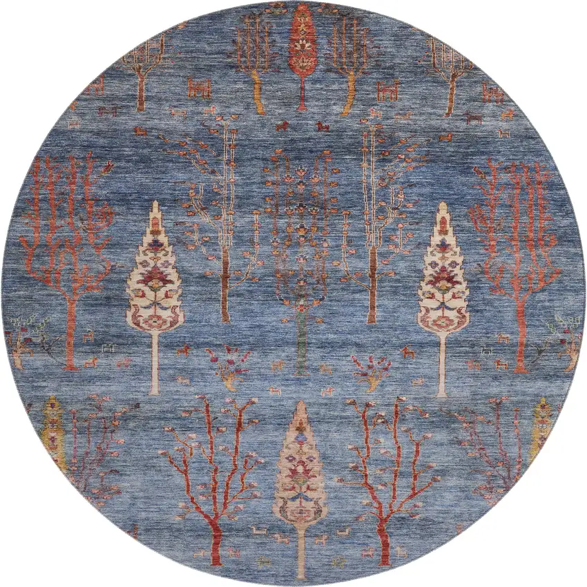 8' Blue And Rust Floral Washable Round Rug With UV Protection Photo 1