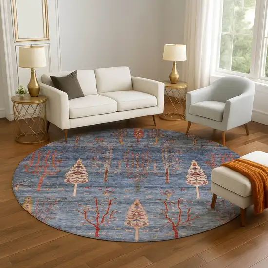 8' Blue And Rust Floral Washable Round Rug With UV Protection Photo 5