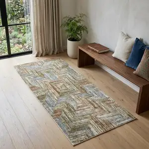 Photo of 7' Blue And Rust Geometric Runner Rug