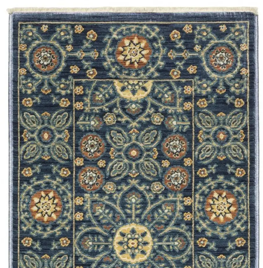8' Blue And Rust Medallion Runner Rug With Fringe Photo 4