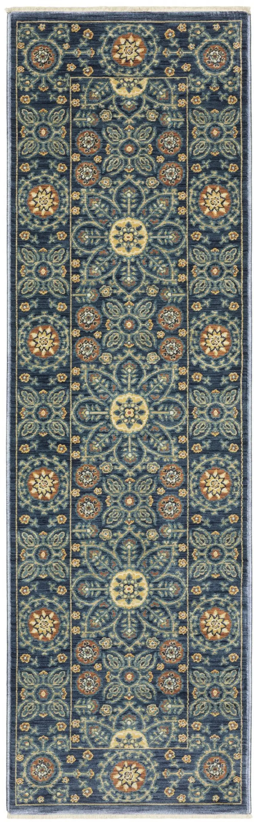 8' Blue And Rust Medallion Runner Rug With Fringe Photo 2