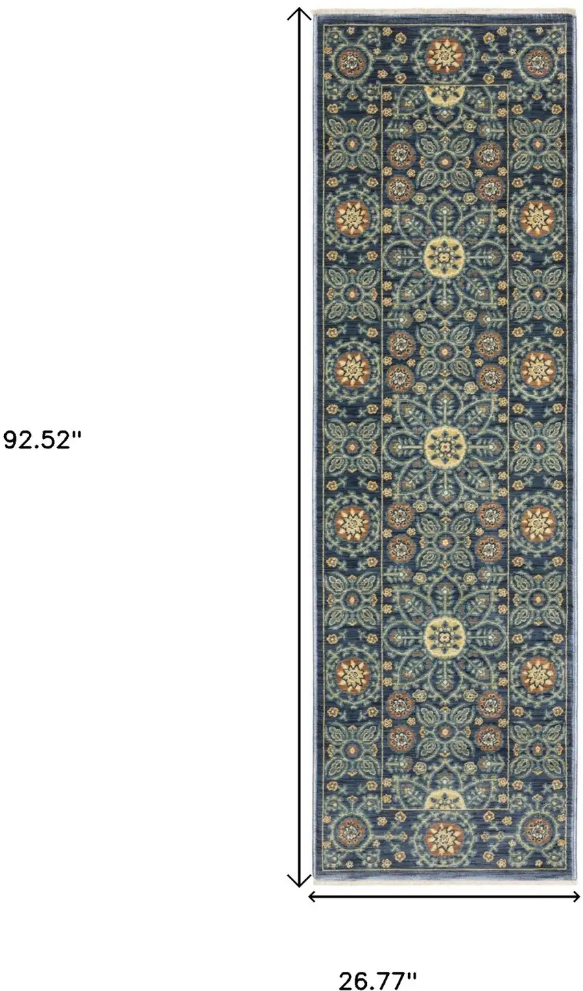 8' Blue And Rust Medallion Runner Rug With Fringe Photo 3