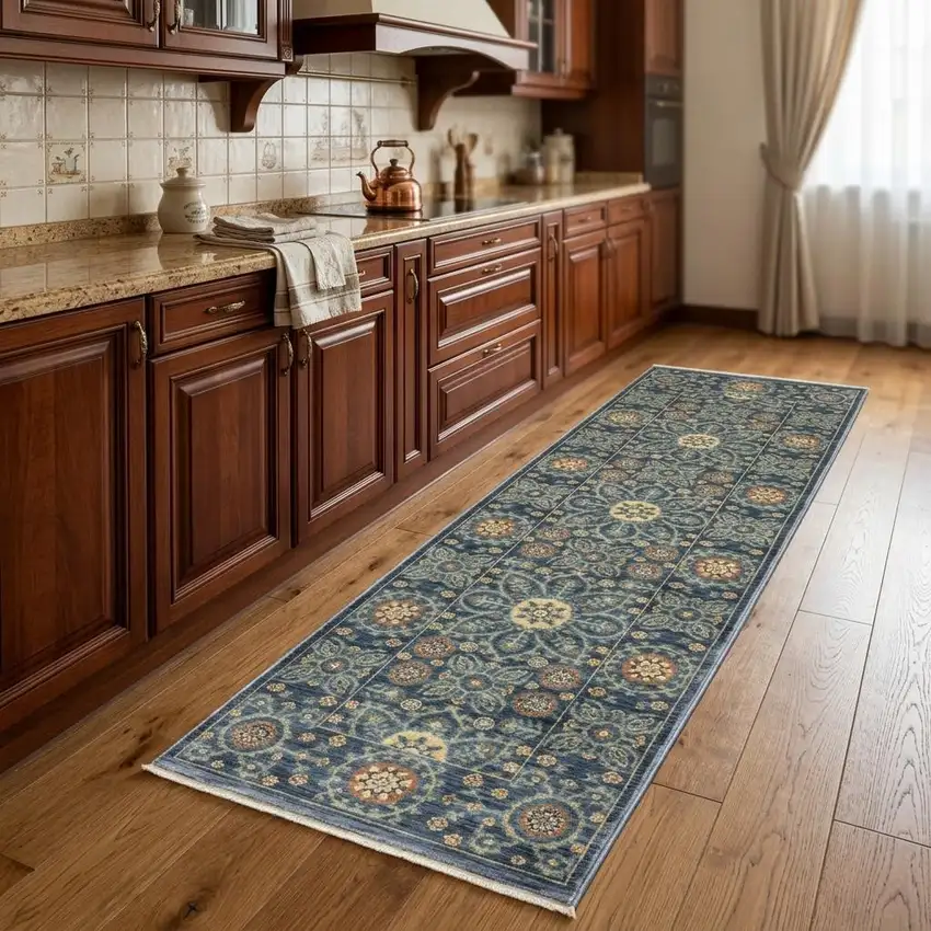 8' Blue And Rust Medallion Runner Rug With Fringe Photo 1