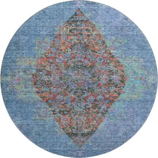 8' Blue And Rust Medallion Washable Round Rug With UV Protection Photo 1