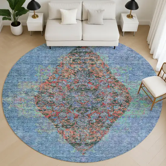 8' Blue And Rust Medallion Washable Round Rug With UV Protection Photo 5