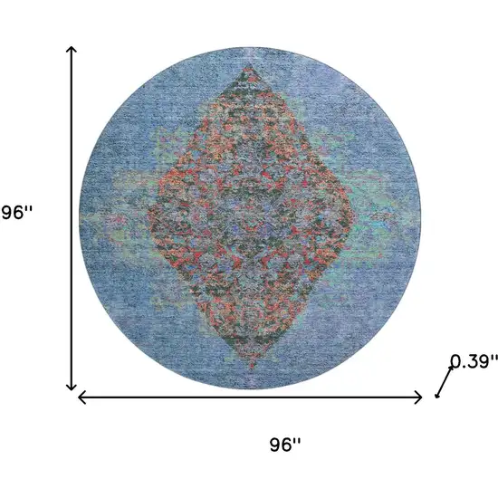 8' Blue And Rust Medallion Washable Round Rug With UV Protection Photo 8