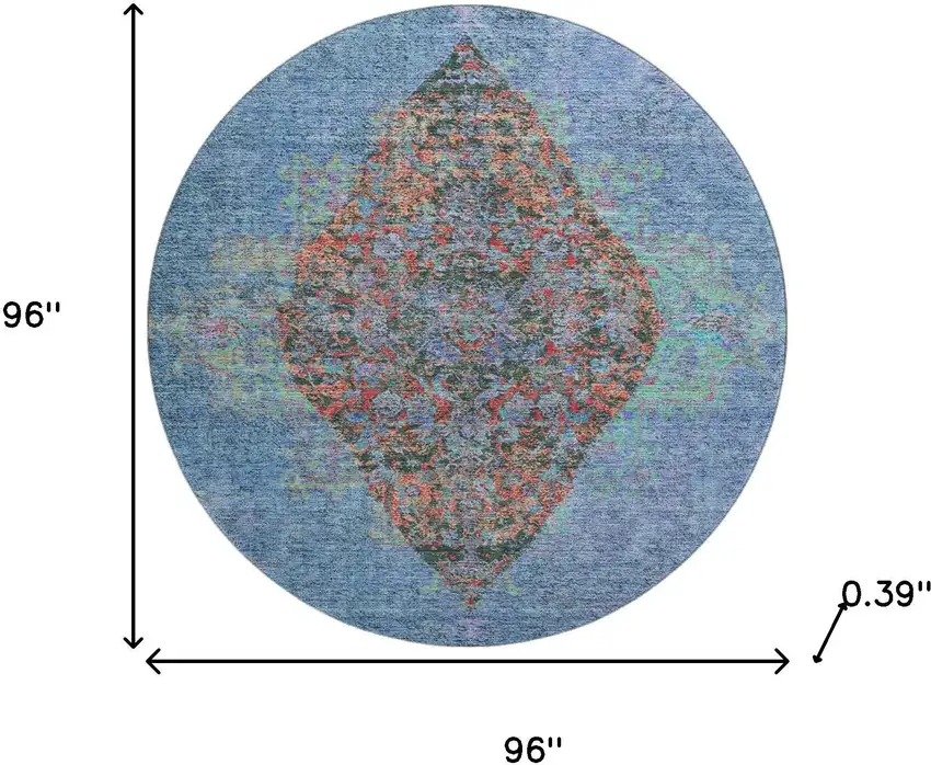 8' Blue And Rust Medallion Washable Round Rug With UV Protection Photo 8