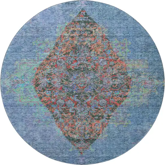8' Blue And Rust Medallion Washable Round Rug With UV Protection Photo 4