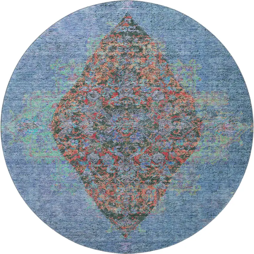 8' Blue And Rust Medallion Washable Round Rug With UV Protection Photo 4