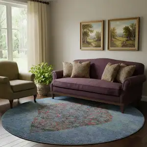 Photo of 8' Blue And Rust Medallion Washable Round Rug With UV Protection