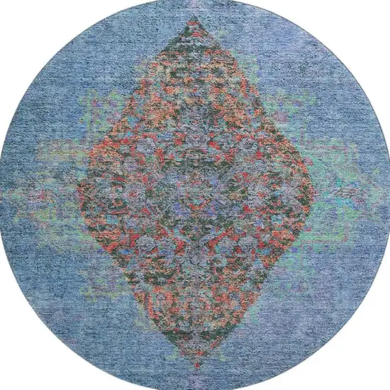 8' Blue And Rust Medallion Washable Round Rug With UV Protection Photo 3