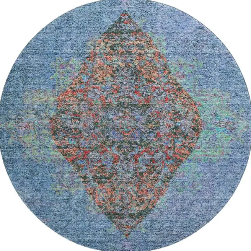 8' Blue And Rust Medallion Washable Round Rug With UV Protection Photo 3