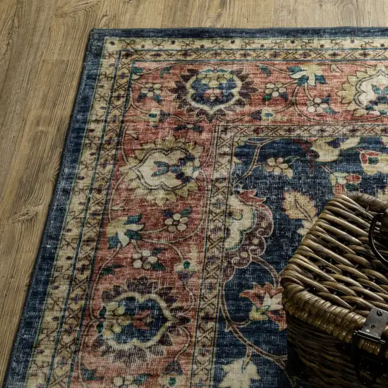 8' Blue And Rust Oriental Distressed Runner Rug Photo 6