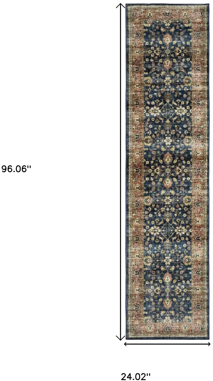 8' Blue And Rust Oriental Distressed Runner Rug Photo 3