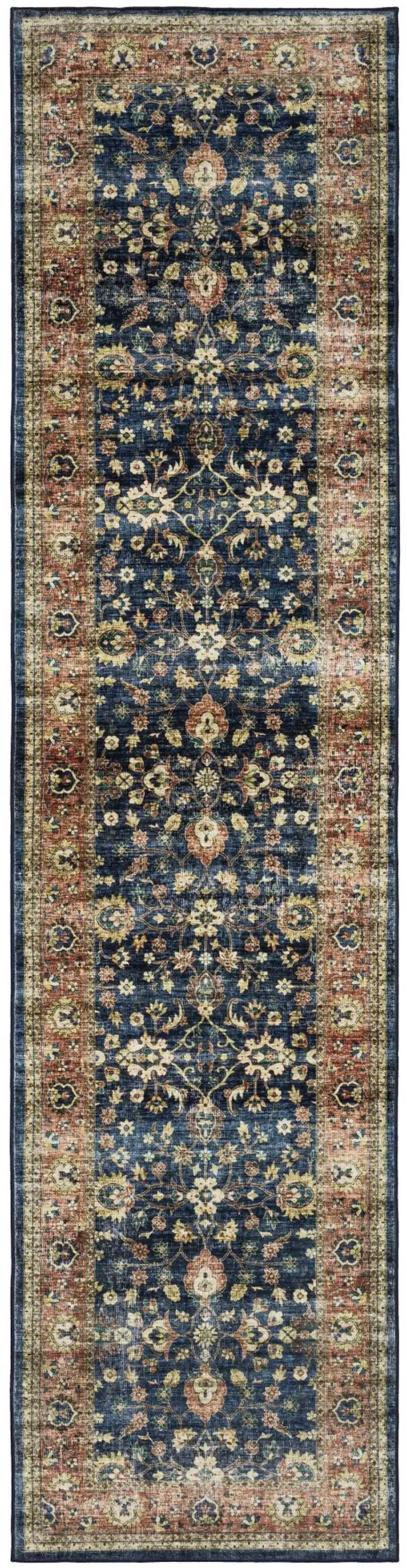 8' Blue And Rust Oriental Distressed Runner Rug Photo 2