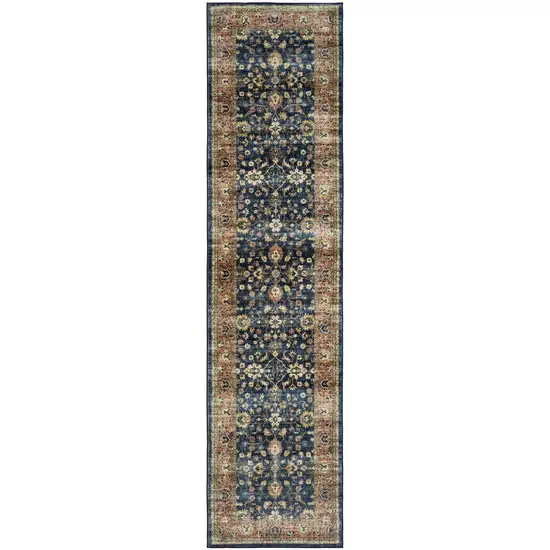 8' Blue And Rust Oriental Distressed Runner Rug Photo 2