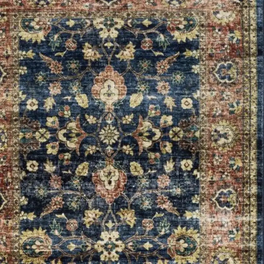 8' Blue And Rust Oriental Distressed Runner Rug Photo 9