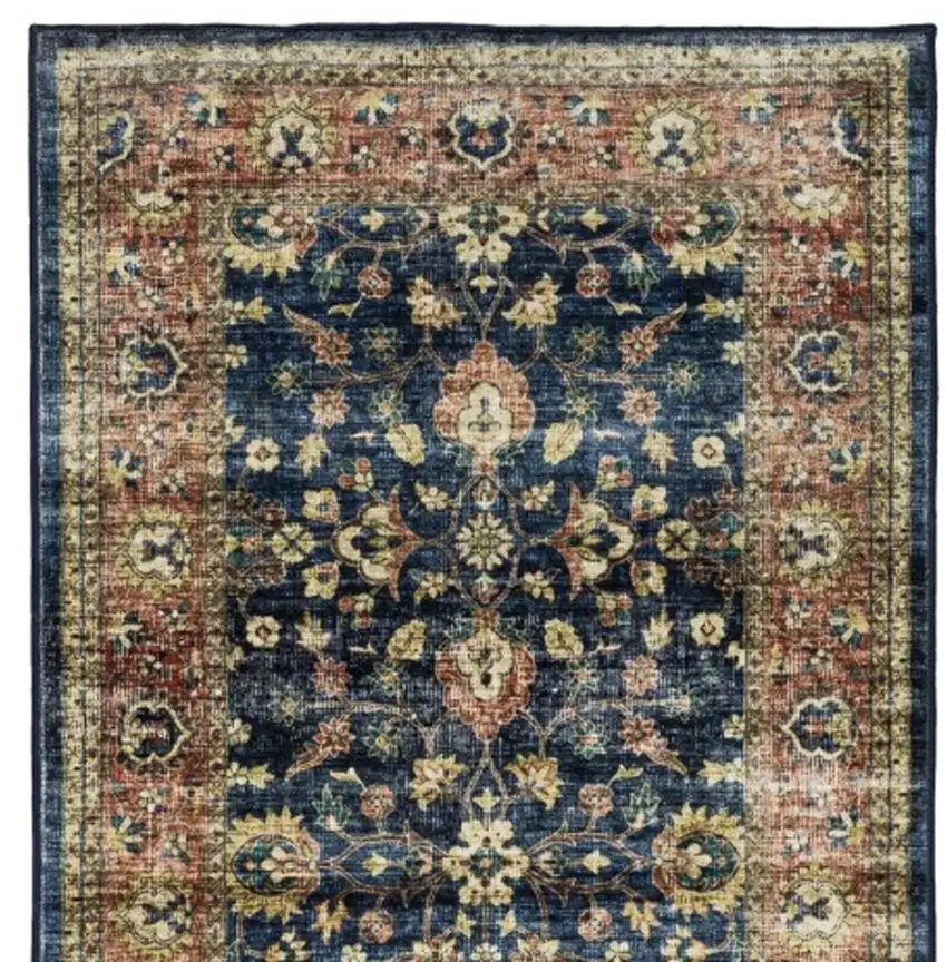 8' Blue And Rust Oriental Distressed Runner Rug Photo 5