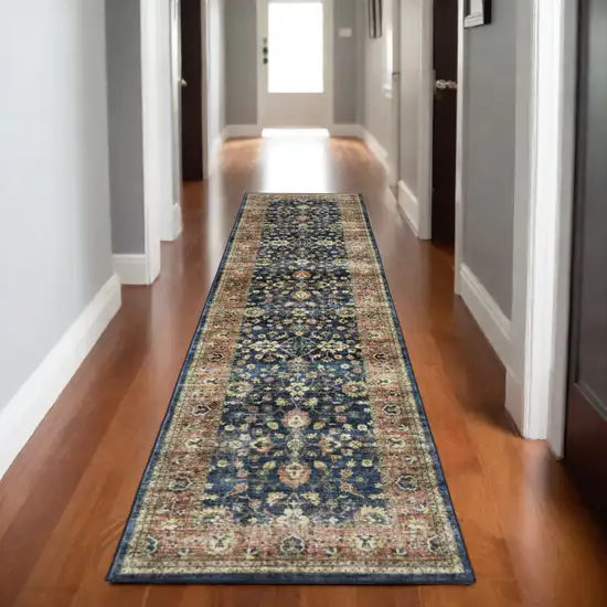 8' Blue And Rust Oriental Distressed Runner Rug Photo 1