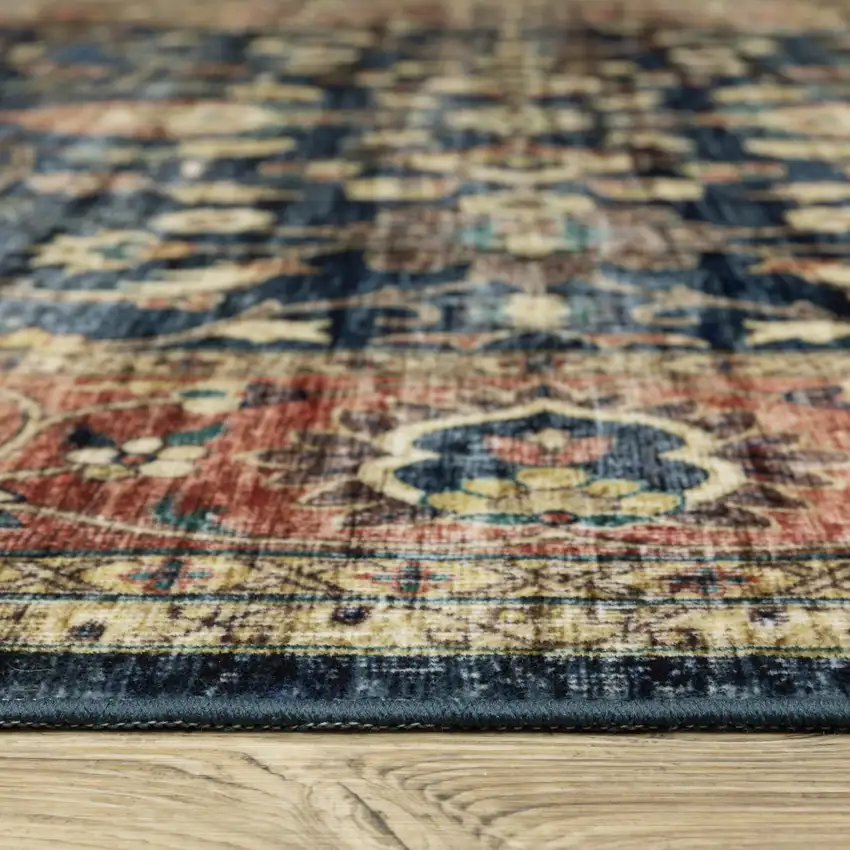 8' Blue And Rust Oriental Distressed Runner Rug Photo 7