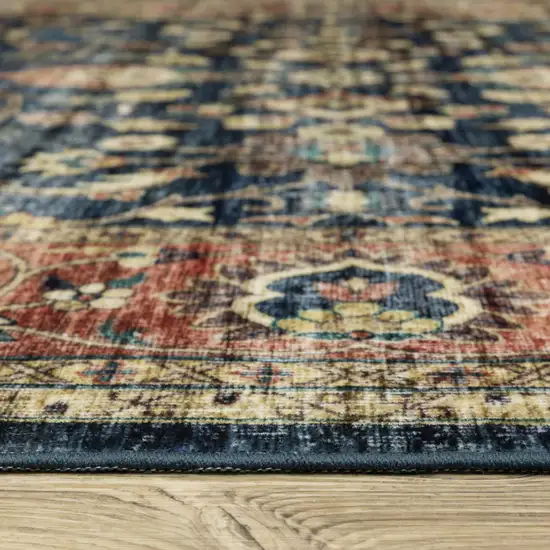 8' Blue And Rust Oriental Distressed Runner Rug Photo 7